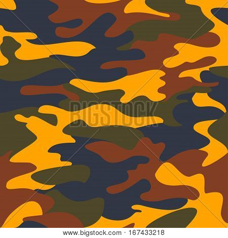 Camouflage pattern background seamless clothing print repeatable camo glamour vector. Yellow brown blue olive