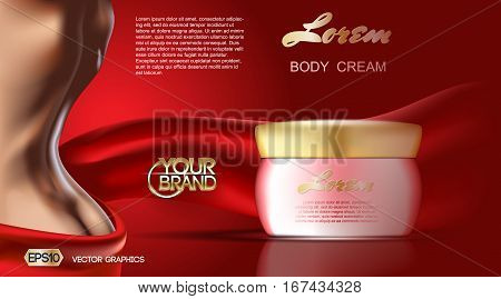 Skin care beauty Body Cream and Lotion. Moisturizing cosmetic ads template. Mockup 3D Realistic Sexy Woman illustration. Red flame colors