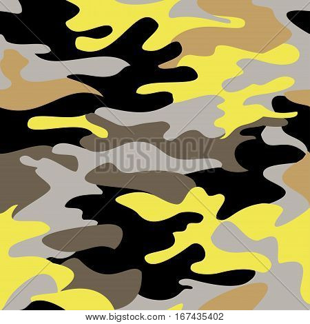 Camouflage pattern background seamless clothing print repeatable camo glamour bright vector. Yellow black gray