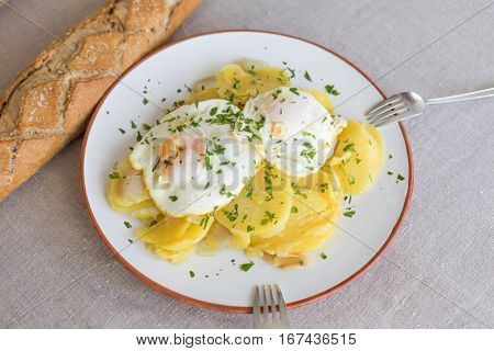 Aerial View Potatoes And Eggs In White Dish