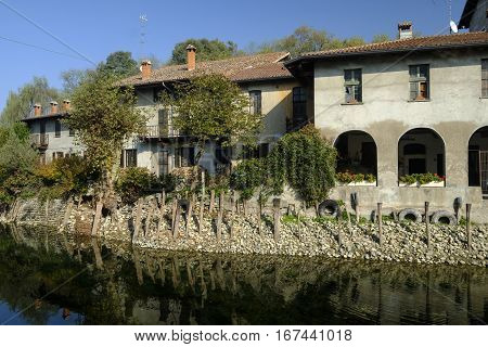 Country house along the Naviglio Grande of Turbigo (Milan Lombardy Italy) at fall with geese