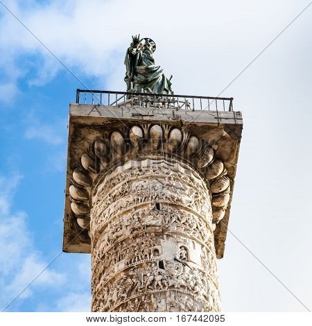 Top Of Column Of Marcus Aurelius In Rome City