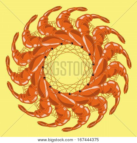 Cooked Red Shrimps Isolated on Yellow Background. Tasty Sea Food.