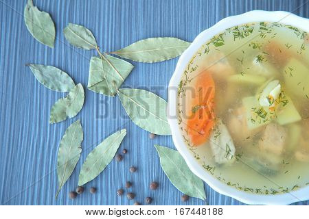 Tasty Fish soup. Fresh salmon with vegetables.