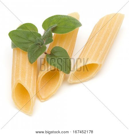Italian pasta isolated on white background. Pennoni. Penne rigate.