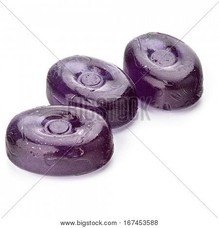 Three colorful fruit hard sugar candies,  boiled sweeties or sugar plums isolated on white background cutout