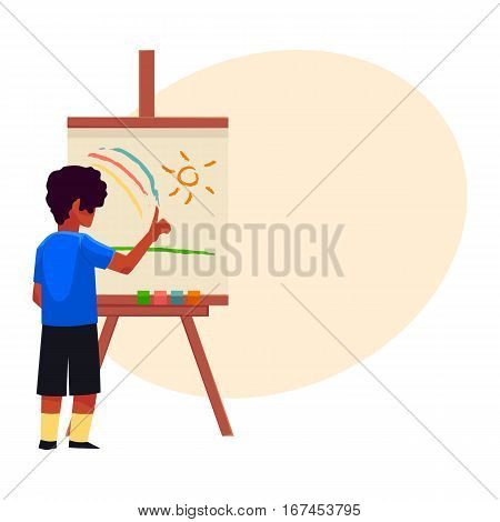 Little boy painting sun and rainbow on easel with his fingers, cartoon vector on background with place for text. Teenage boy standing and finger-painting, drawing, painting sun and rainbow on easel