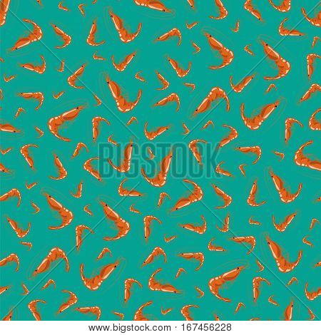 Cooked Red Shrimps Seamless Pattern on Green Background. Exquisite Sea Food.