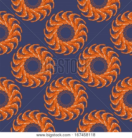 Cooked Red Shrimps Seamless Pattern on Blue Background. Tasty Sea Food.