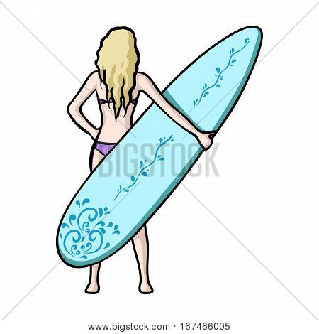 Girl is holding a surfboard icon in cartoon design isolated on white background. Surfing symbol stock vector illustration.