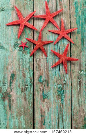 Shell And Starfish Frame With Space On Wooden Old Background.