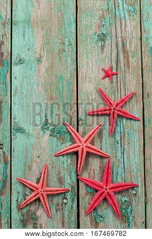 Shell And Starfish Frame With Space On Wooden Old Background.
