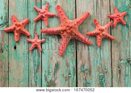 Shell And Starfish Frame With Space On Wooden Old Background.