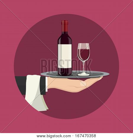 Hand holding a silver tray with wine bottle and glass . Drinks Service icon. vector illustration in flat style