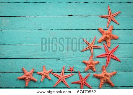 Shell And Starfish Frame With Space On Wooden Old Background.