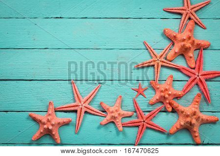 Shell And Starfish Frame With Space On Wooden Old Background.