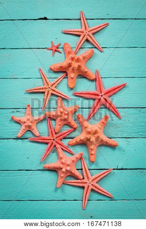 Shell And Starfish Frame With Space On Wooden Old Background.
