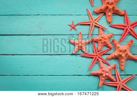 Shell And Starfish Frame With Space On Wooden Old Background.