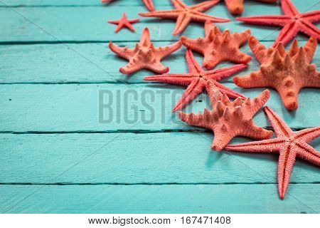 Shell And Starfish Frame With Space On Wooden Old Background.