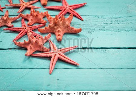 Shell And Starfish Frame With Space On Wooden Old Background.