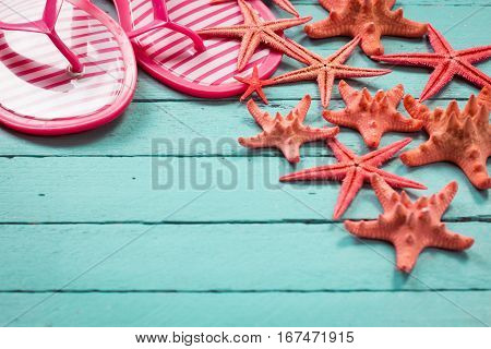 Shell And Starfish Frame With Space On Wooden Old Background.