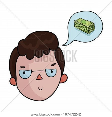 Businessman dreaming about money icon in cartoon design isolated on white background. Conference and negetiations symbol stock vector illustration.