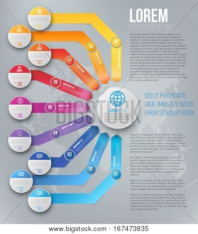 Polygraphy or web vector template of business chart with different ways arrows pointed to one target or goal, from 9 different starting position. Vector infographics template
