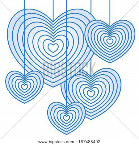 Hearts hanging down. Imitation of Christmas balls. Decoration for Valentine's day.