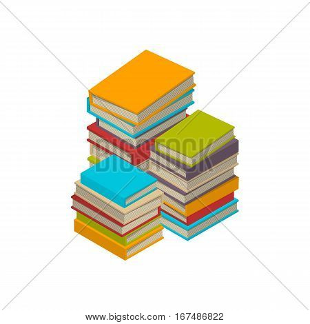 Big three stacks of new 3d colorful books and tutorials on a bookshalf. Isometric flat classbooks and textbooks icon. Education symbol logo. Illustration vector art.
