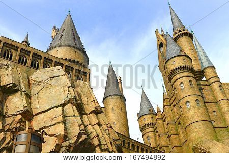 Osaka, Japan - Nov 5, 2016: The Wizarding World of Harry Potter in Universal Studios Japan. Universal Studios Japan is a theme park in Osaka, Japan.Hogwarts Castle