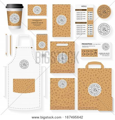 Coffee shop corporate identity template design set with memphis geometric pattern. Restaurant cafe set card, flier, menu, package, uniform design set. Stock vector