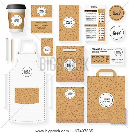 Template of coffee house corporate identity design set with memphis geometric pattern. Restaurant cafe set card, flyer, menu, package, uniform design set. Vector Illustration