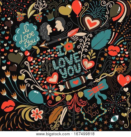Seamless pattern with hand drawn love elements. Colorful greeting background on Valentine's Day. Holiday. It can be used for wallpaper textiles wrapping card. Vector illustration eps10
