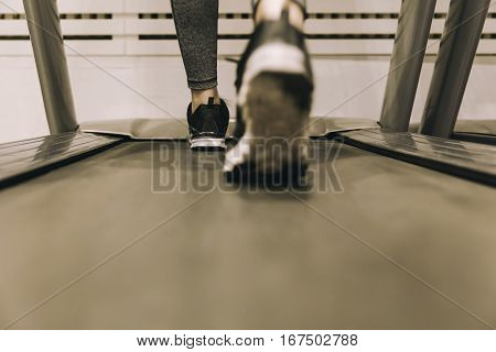Woman's Feet While Walking On Threadmill At Gym