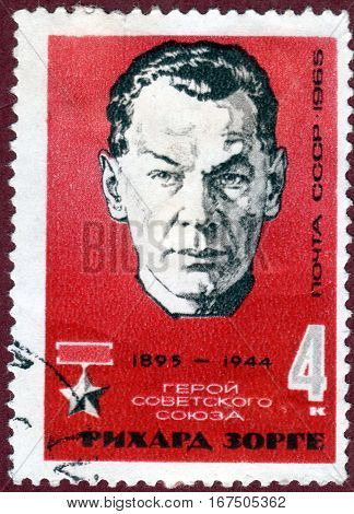 USSR - CIRCA 1965: post stamp printed in USSR shows portrait of Richard Sorge (1895-1944), Soviet spy and Hero of the Soviet Union, circa 1965