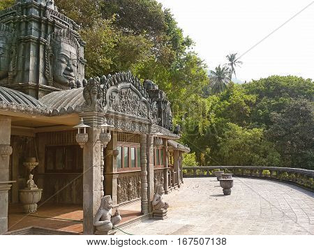 Sun terrace of the abandoned hotel in angkor style. Style of the temple ruins of the Khmer The jungle of Koh Phangan Thailand