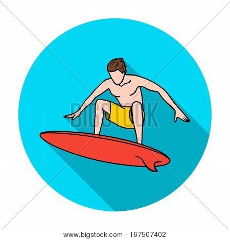 Surfer in action icon in flat design isolated on white background. Surfing symbol stock vector illustration.