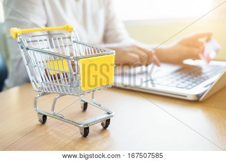 Business theme internet online shopping and delivery concept. Blur background of woman use computer laptop to shopping online
