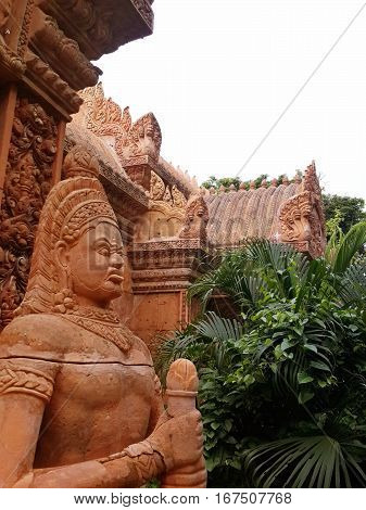 Elements of stucco and statues of the abandoned hotel in angkor style. Style of the temple ruins of the Khmer The jungle of Koh Phangan Thailand