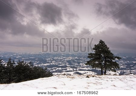 Viewpoint at winter landscape from mountain Kozomor, Serbia