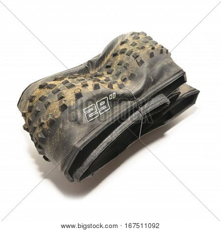 used foldable bicycle tire isolated on white