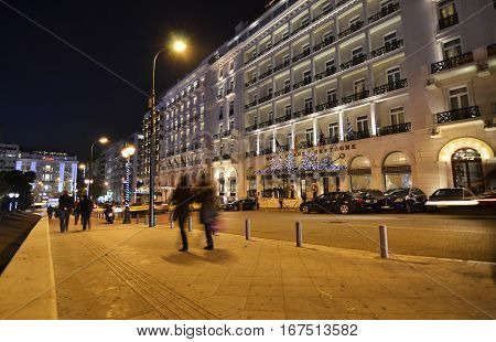 ATHENS GREECE, DECEMBER 20 2015: night photography of Grande Bretagne hotel Athens Greece with Christmas decorative lights. Editorial use.