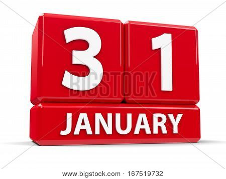 Red cubes - The Thirty First of January - on a white table three-dimensional rendering 3D illustration