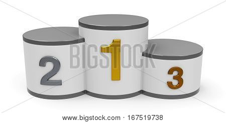 White and gray cylinder podium with three rank places three-dimensional rendering 3D illustration