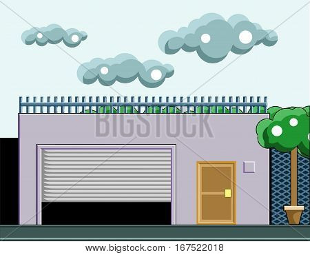 A house with a garage trees on the front and clouds in the sky. Vector flat illustration.