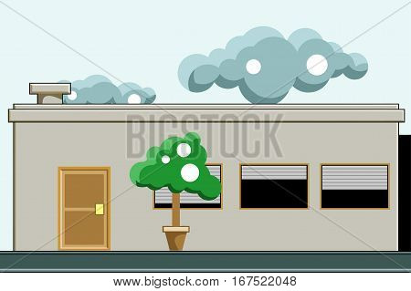 A house with trees on the front and clouds in the sky. Vector flat illustration.