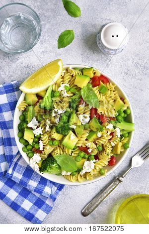 Pasta Salad With Green Vegetables And Feta.top View.