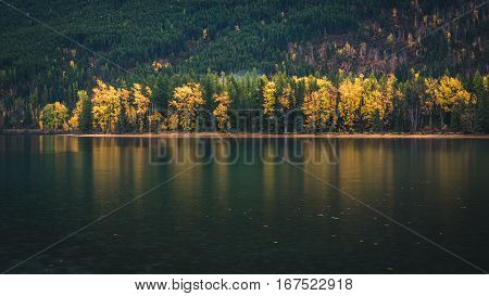Autumn colors reflected in a lake in Glacier National Park, Montana.