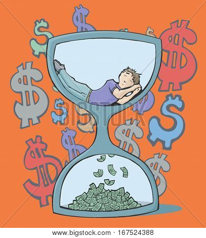 Colorful vector illustration of a man sleeping inside an hourglass at the bottom is falling money. With dollar signs on the orange background.