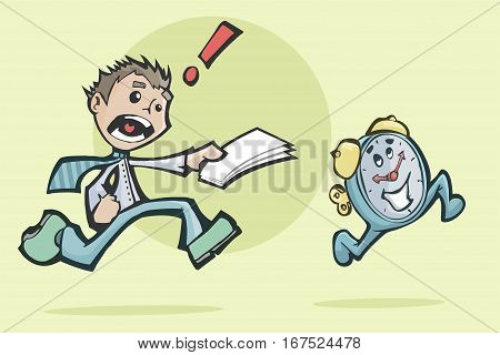 Worried business man chasing a clock. Running out of time to deliver his work.